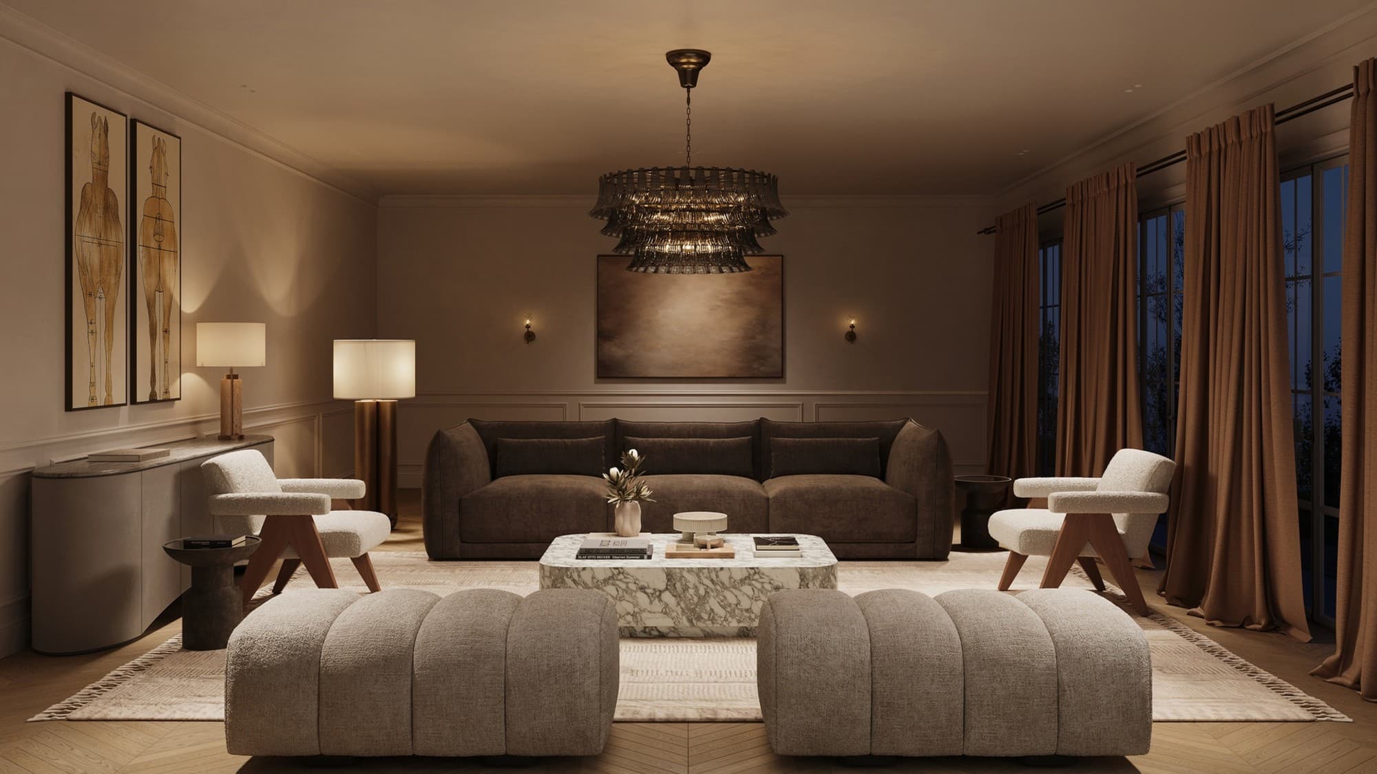 Living room at dusk with a tiered chandelier, velvet sofa and marble coffee table