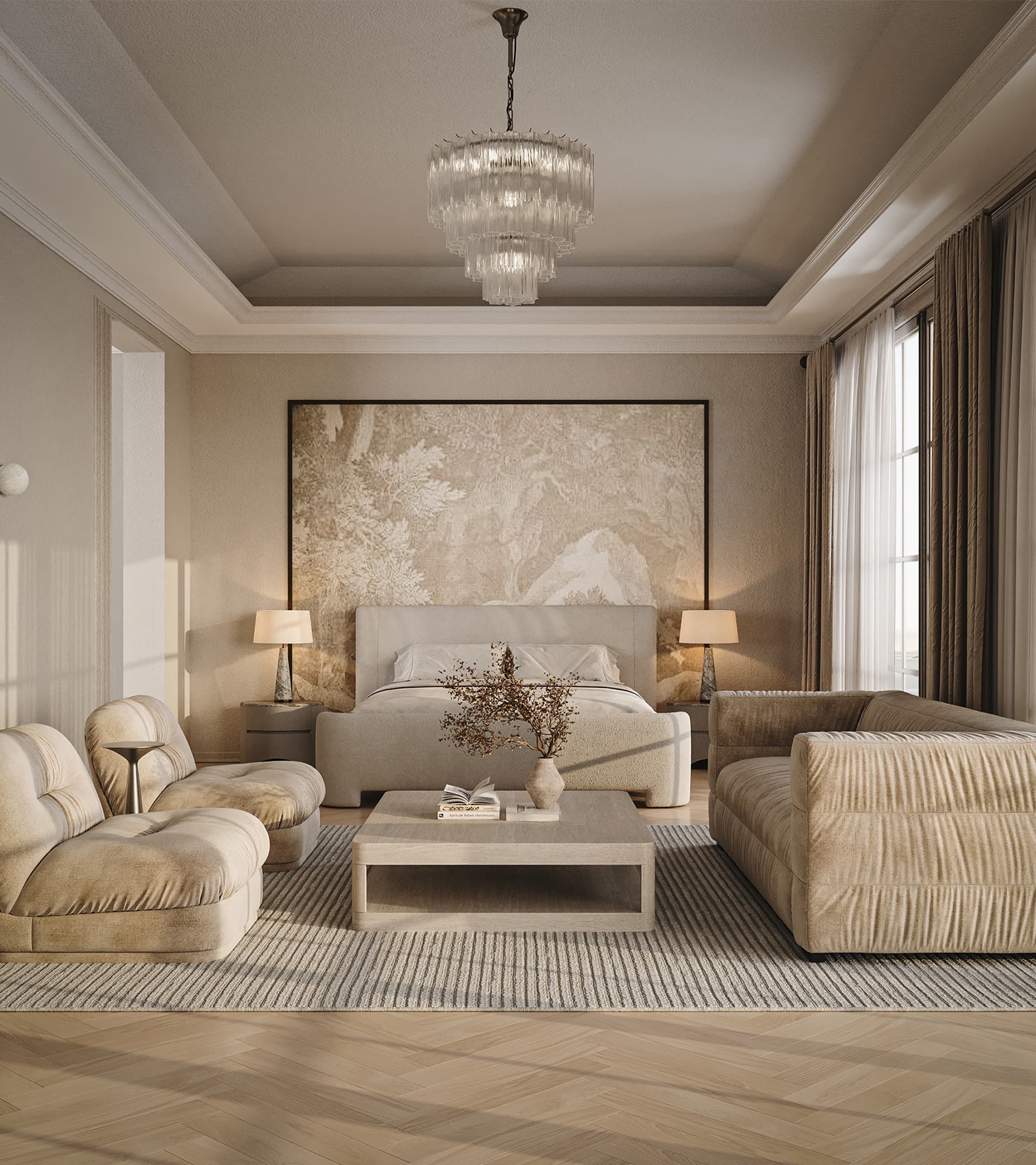 Bedroom with a tiered glass chandelier, upholstered bed and velvet lounge seating